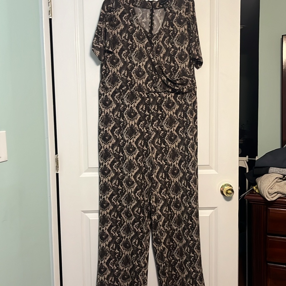 H by Halston Snake Jet Set Wide- Leg Surplice Jumpsuit | Large | Brown/tan